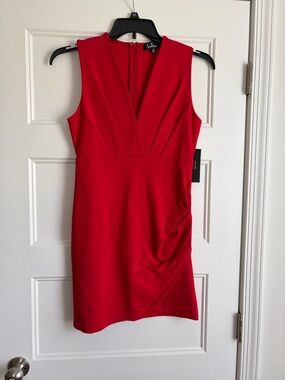 Lulu's Red Sleeveless V-Neck Sheath Dress with Side Draping